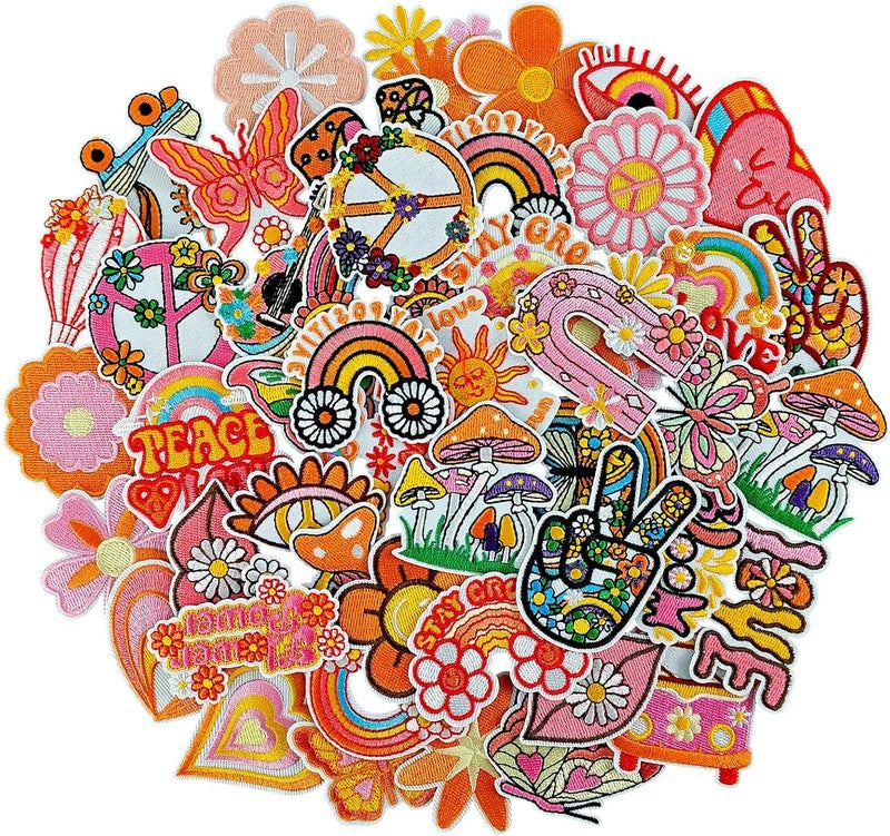 RF-patch 48Pcs Hippie Iron on Patches for Girl, Embroidered Boho Iron on/Sew on Patch for Clothes, Hats, Jeans, Dress, Backpacks, Etc - Image 1